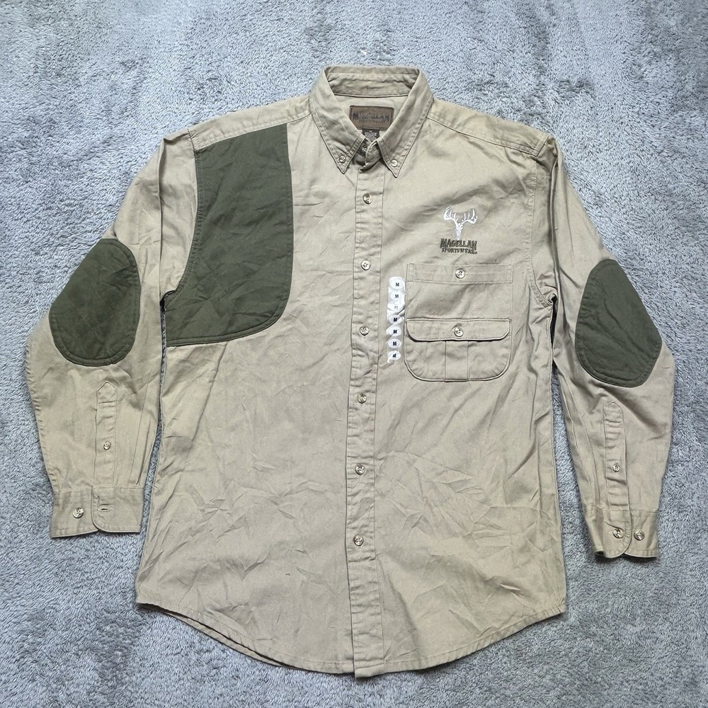 Vintage Magellan Shirt Men's M Beige Hunting Long Sleeve Chest Elbow Pads NEW